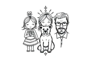 A tattoo that symbolizes three children using symbols, not people, a dog and a husband using dainty symbols and a fine line tattoo tattoo idea