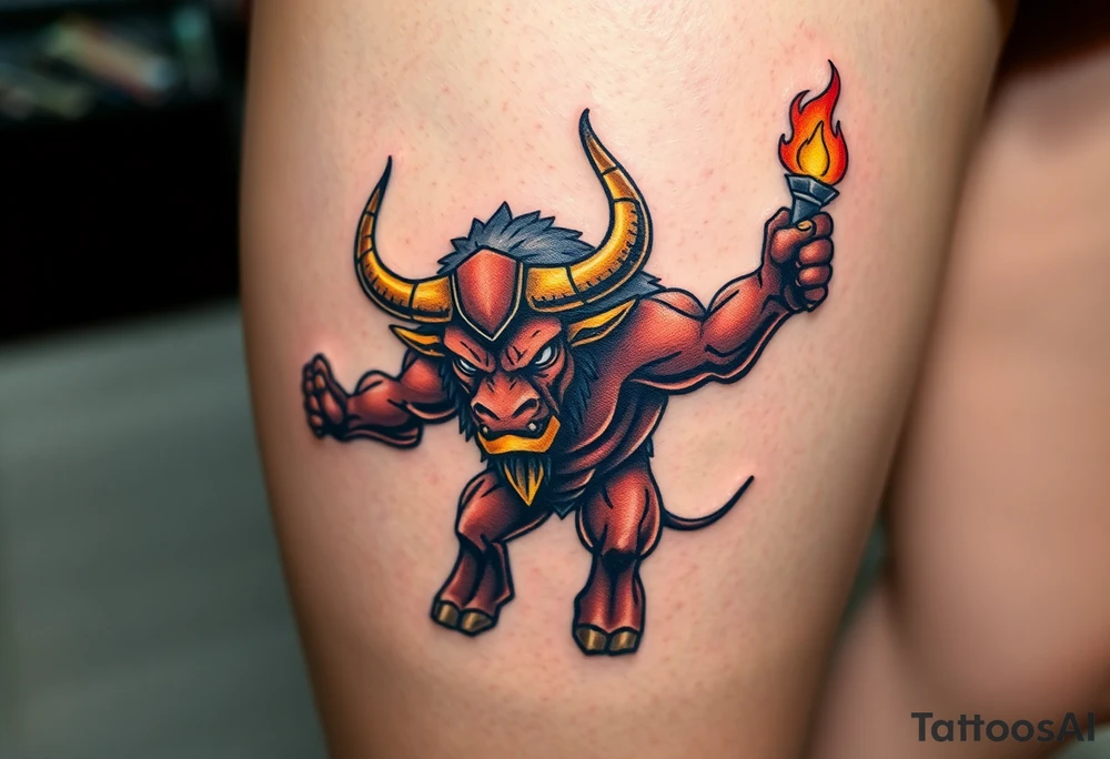 A mighty Minotaur, its massive frame glowing with a bronze sheen under flickering torchlight tattoo idea