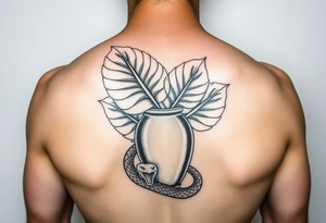 Large Decorative vase with large monstera leaves and a snake wraped around tattoo idea