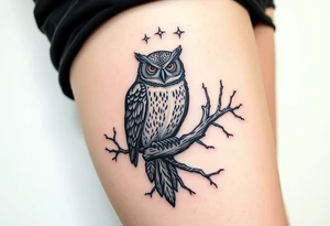 wise owl perched on ancient oak branch under starlit sky tattoo idea