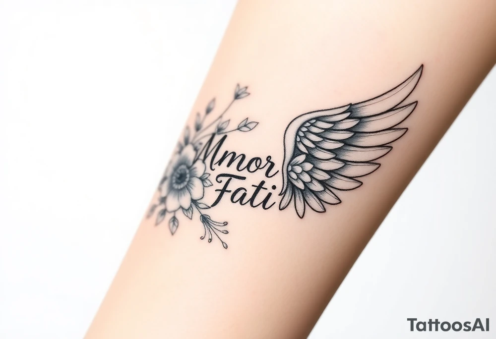 “Amor Fati” flowers colorful an angel wing tattoo idea