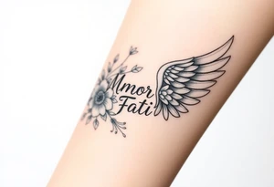 “Amor Fati” flowers colorful an angel wing tattoo idea