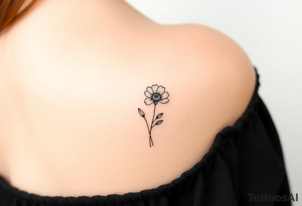Small Cosmos, narcissus, chrysanthemum fine line bouquet tattoo idea