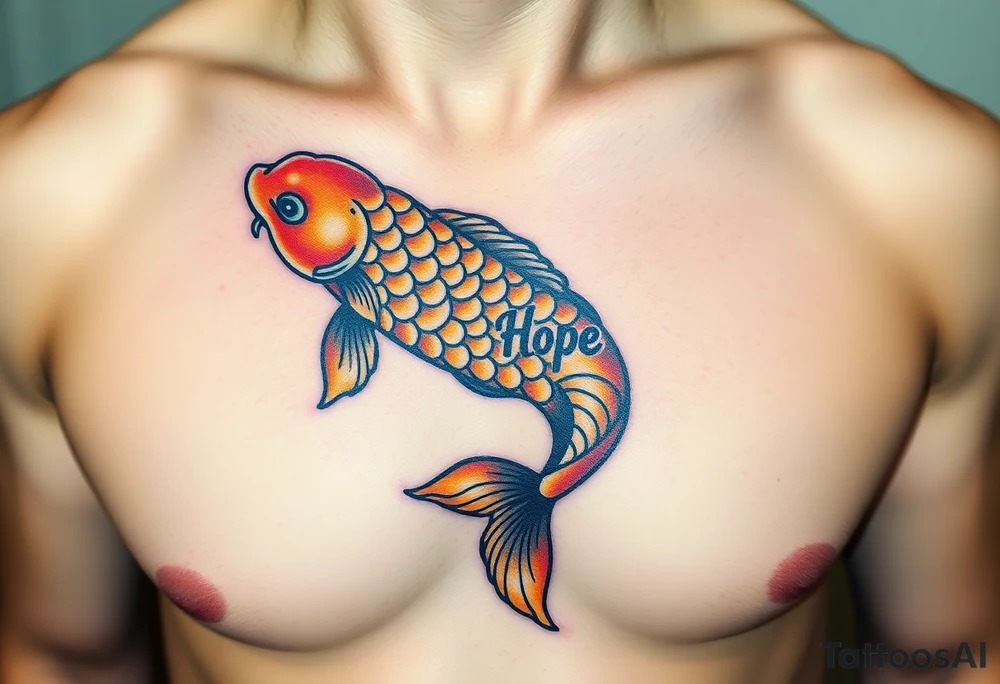 A koi fish swimming upward, with "Hope" inscribed along its shimmering golden scales, symbolizing perseverance tattoo idea