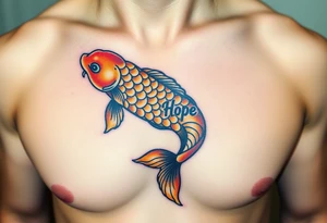 A koi fish swimming upward, with "Hope" inscribed along its shimmering golden scales, symbolizing perseverance tattoo idea