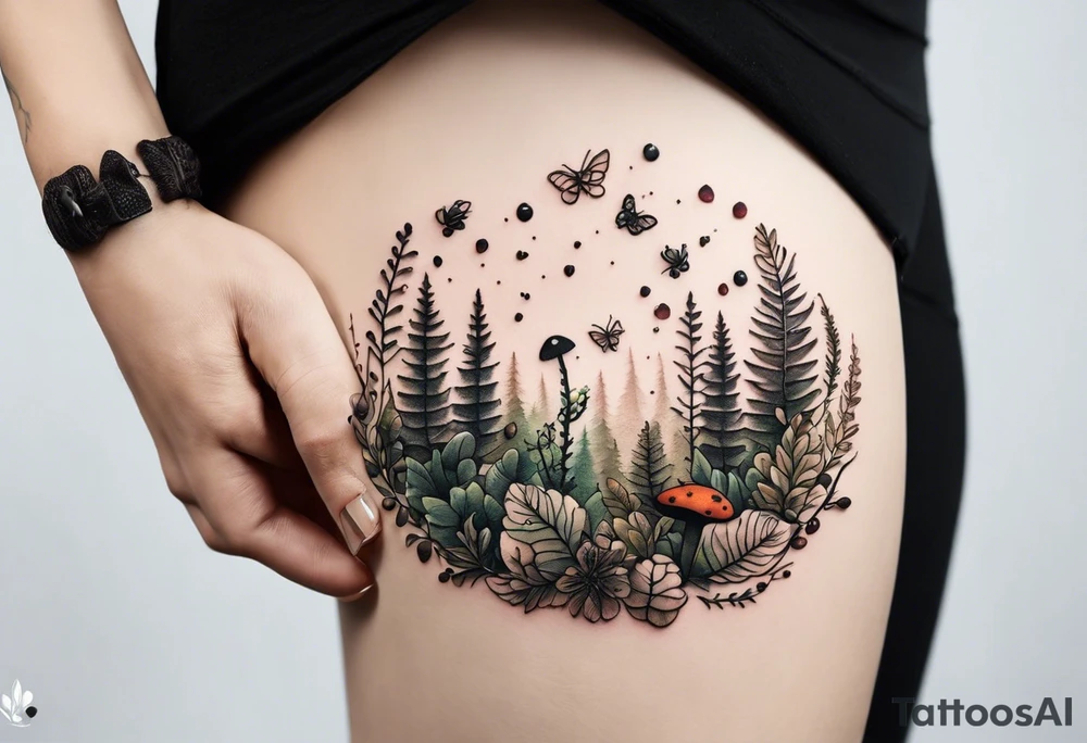 minimalistic forest floor inspired tattoo, which includes grass, moss, curly ferns and dead leaves as the bulk of the tattoo. details to include: forest berries, couple of very small brown mushrooms, a tiny bumblebee flying nearby tattoo idea