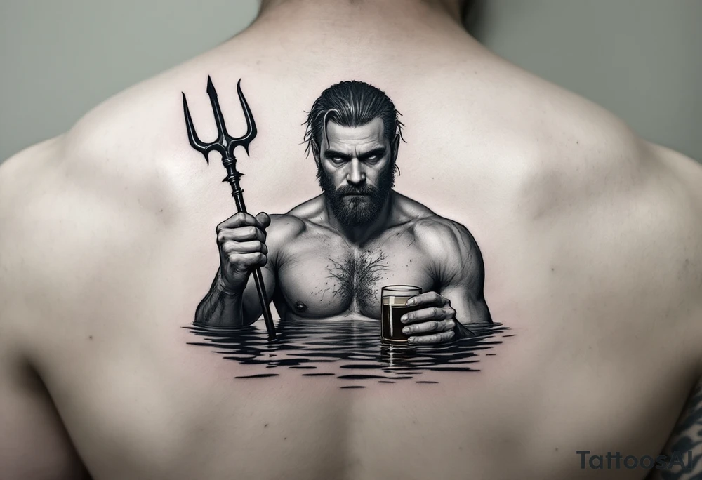 Drunk guy, with no facial hairs, with trident, half way in calm water, with a beer tattoo idea