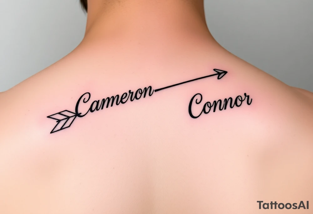 1 fancy feminine arrow that incorporates the name Cameron and another feminine arrow that incorporates the name Connor tattoo idea