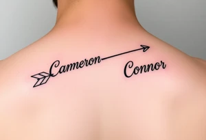 1 fancy feminine arrow that incorporates the name Cameron and another feminine arrow that incorporates the name Connor tattoo idea