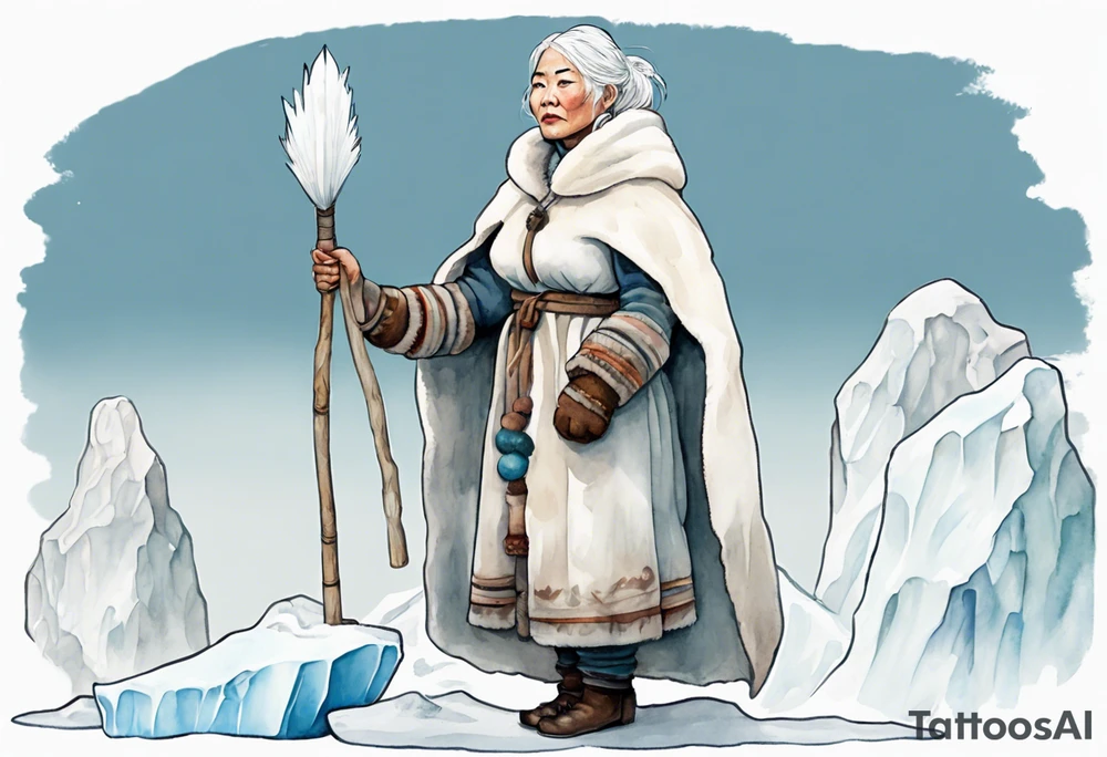 a middle aged Inuit woman with white hair, wearing mittens, mukluks, and a white cloak. Holding a white staff. Standing on an iceberg alone tattoo idea