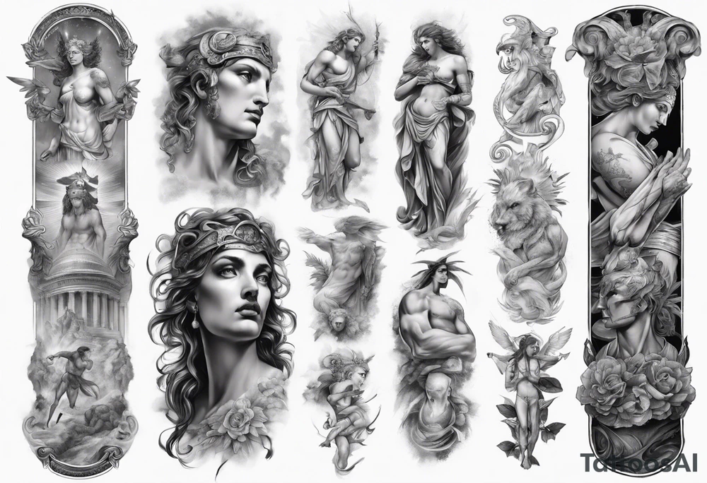 greek mythology
many details
full arm sleeve
realisism tattoo idea