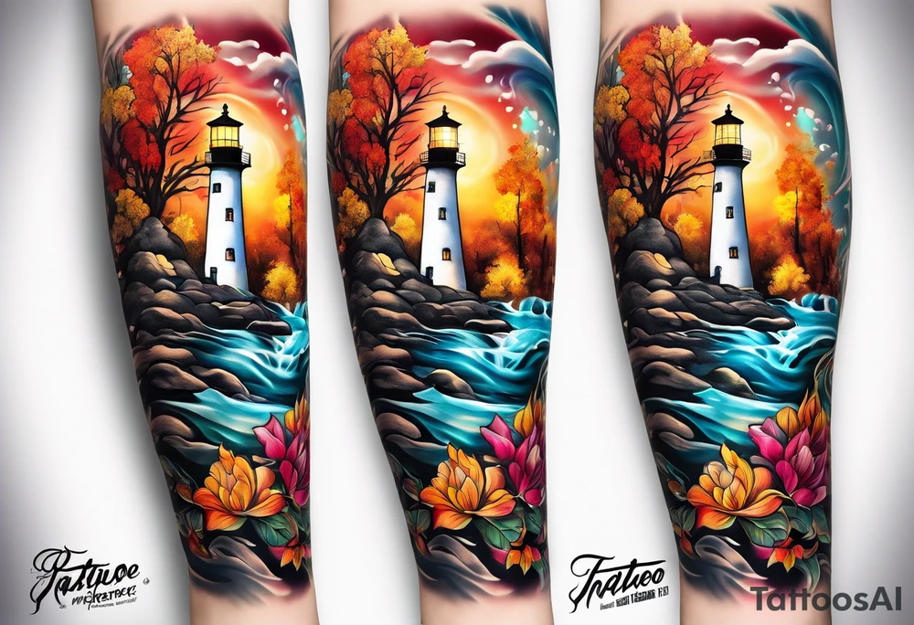Arm sleeve with fall colors, various flowers, water flow, water splash, light house tattoo idea