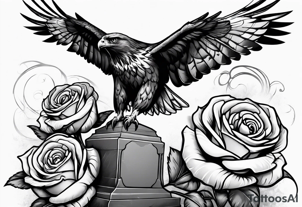 Hawk with rose in mouth flying down on a tombstone tattoo idea