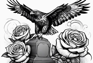 Hawk with rose in mouth flying down on a tombstone tattoo idea