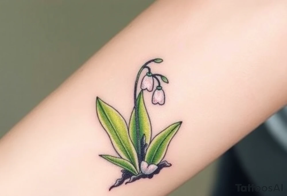 Small White lily in the valley bells growing next to other different colored lilie plants planted 
around  blooming hawthorn tree tattoo idea