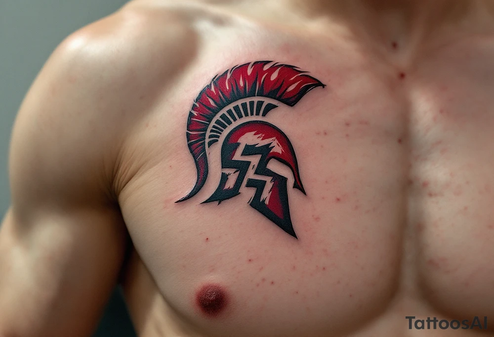 A bold red and burgundy "Sparta" with bold “S” crest wrapped in black flames on the forearm. tattoo idea