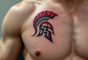 A bold red and burgundy "Sparta" with bold “S” crest wrapped in black flames on the forearm. tattoo idea