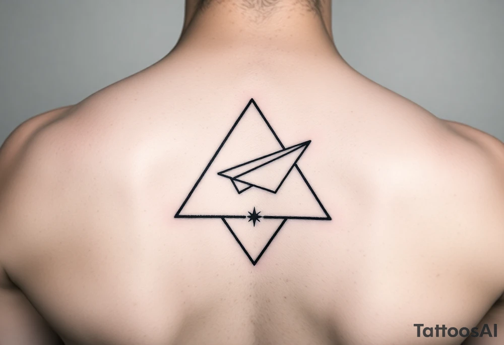 Geometric small triangle with a paper plane flying around the world while being psychedelic with fine thin lines tattoo idea