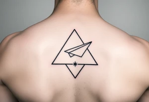 Geometric small triangle with a paper plane flying around the world while being psychedelic with fine thin lines tattoo idea