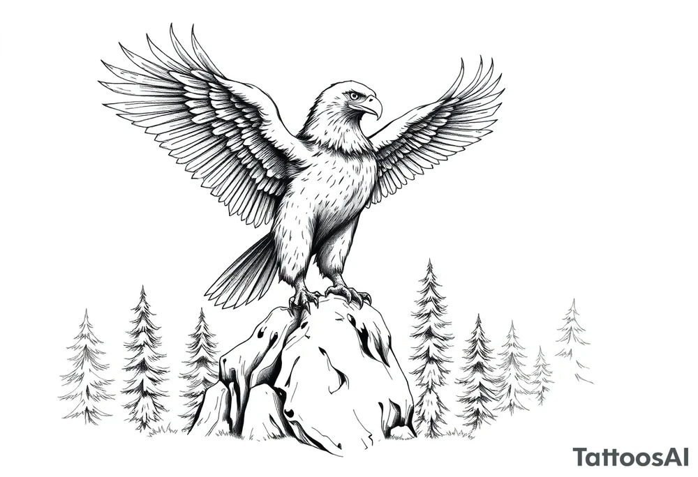 an eagle stands on arock.forest tattoo idea