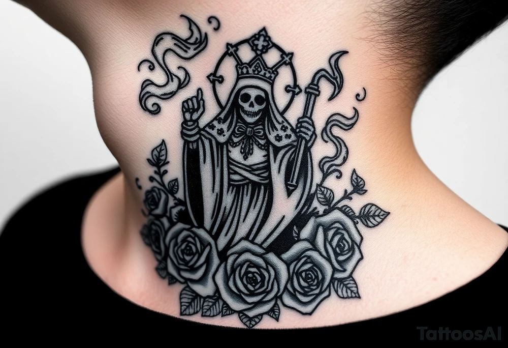 Evil Santa muerte rising out of smoke surrounded by 
 roses tattoo idea