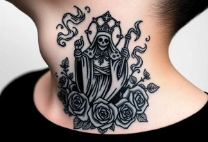 Evil Santa muerte rising out of smoke surrounded by 
 roses tattoo idea