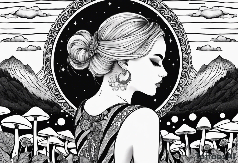 Straight blonde hair girl facing away toward mountains surrounded by mushrooms crescent moon mandala circular design black and white striped dress "8" tattoo idea