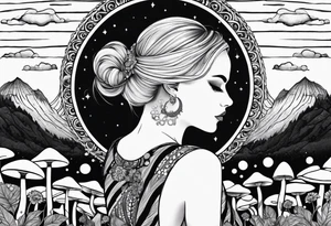 Straight blonde hair girl facing away toward mountains surrounded by mushrooms crescent moon mandala circular design black and white striped dress "8" tattoo idea