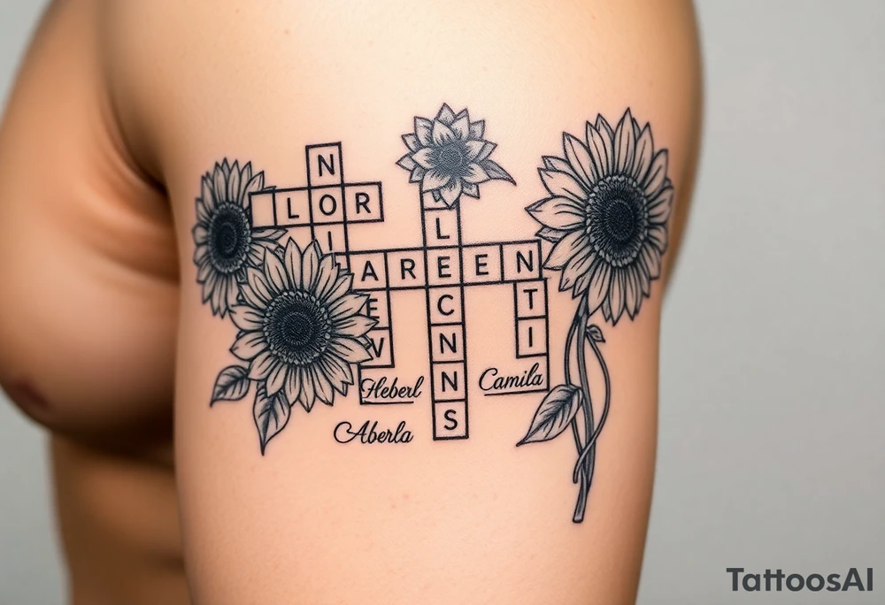 Crossword puzzle with sunflowers with names Gloria, Ariel, Herbert, Camila, and Kenny tattoo idea