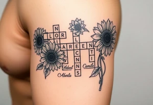 Crossword puzzle with sunflowers with names Gloria, Ariel, Herbert, Camila, and Kenny tattoo idea