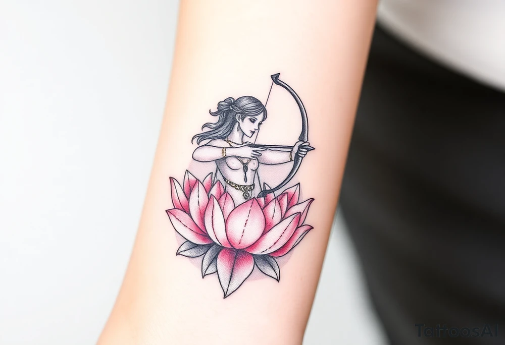 A Sagittarius figure with arrow and bow wrapped in blooming lotus flowers, symbolizing spiritual growth, in soft pink and gold tattoo idea