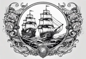 mermaid with galleon ship tattoo idea
