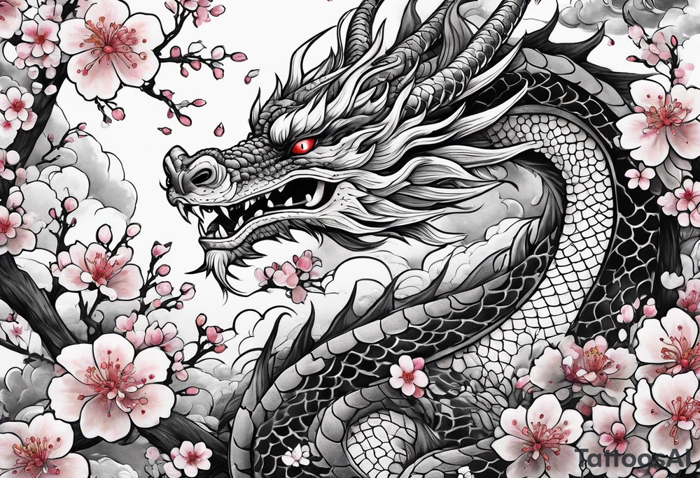 dragon with  cherry blossoms  and soot sprites tattoo idea