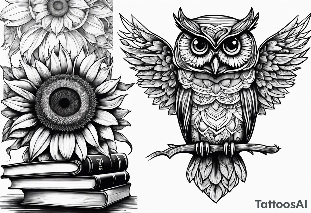 sunflower, camera, water wave, owl, book tattoo idea