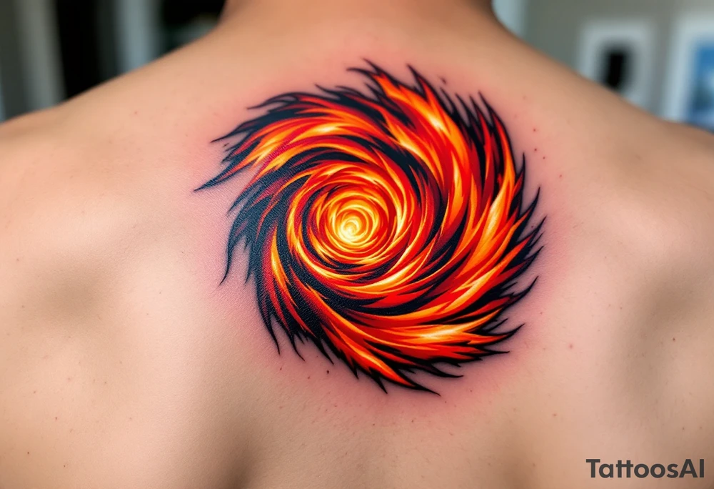 A fiery orange and crimson spiral resembling a burning vortex, symbolizing transformation. tattoo idea