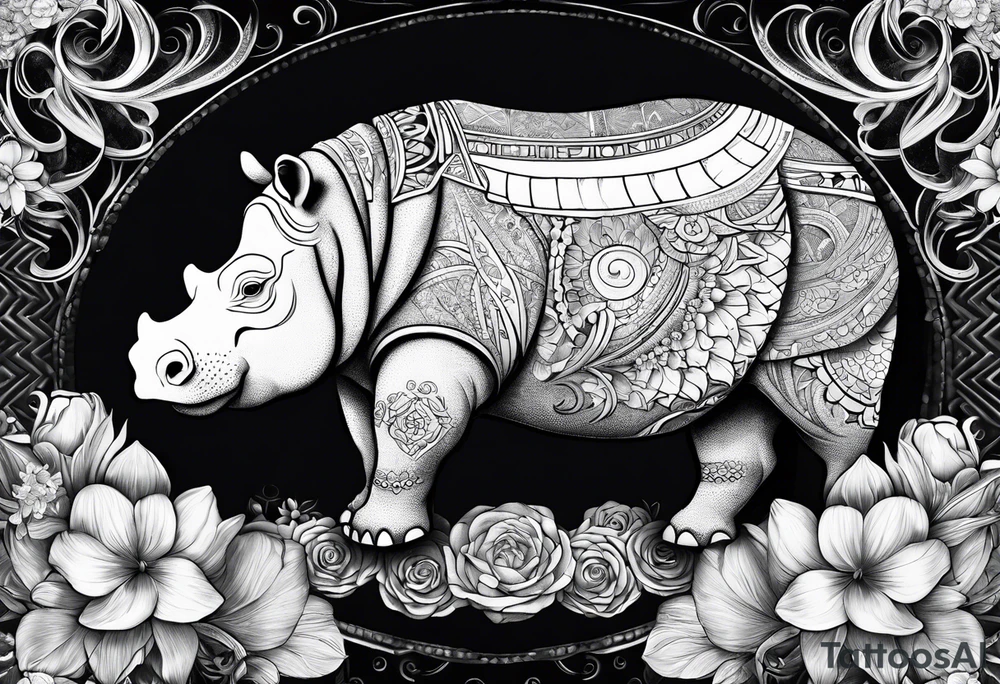 Hippo, flowers, moon, interstella, 
fine lines, tribal, geometric tattoo idea