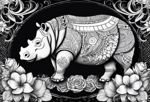 Hippo, flowers, moon, interstella, 
fine lines, tribal, geometric tattoo idea