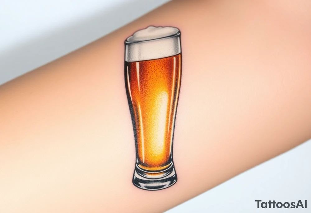 A tall, ice-cold pilsner glass with a thick white foam head, illuminated by warm amber and honey hues tattoo idea