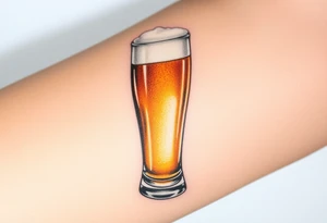 A tall, ice-cold pilsner glass with a thick white foam head, illuminated by warm amber and honey hues tattoo idea