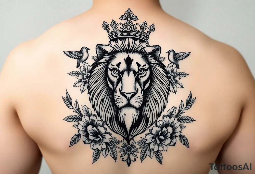 powerful majestic lion with a crown, surrounded by floral ornaments and birds tattoo idea