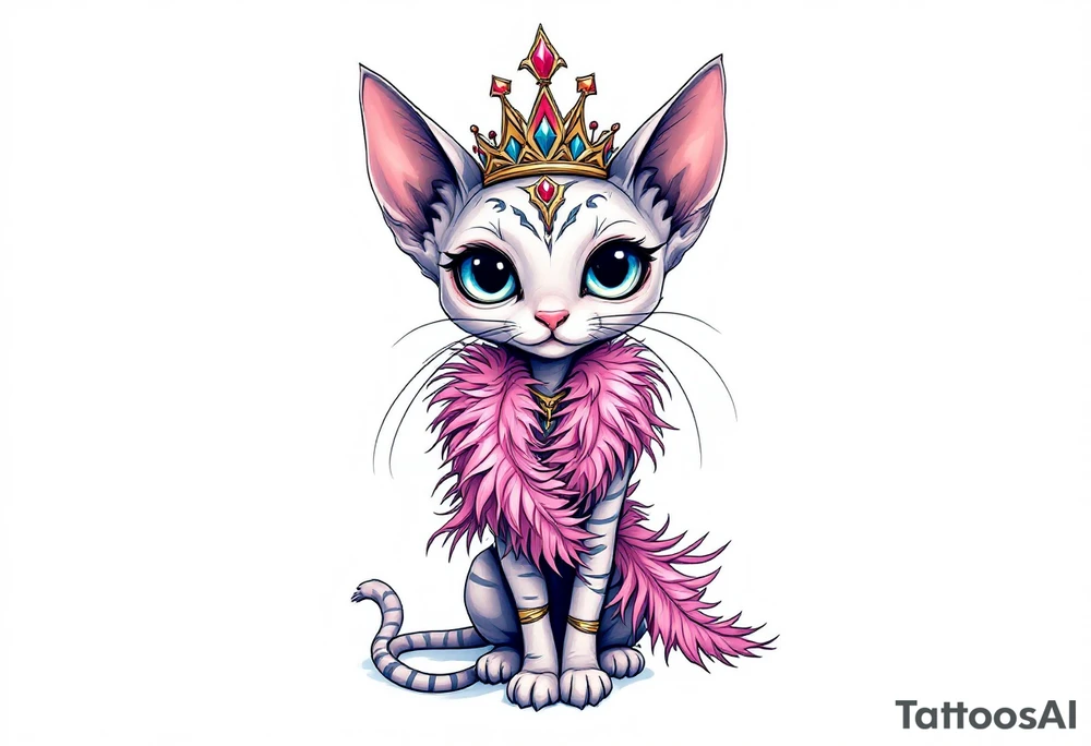 Chibi new school Glamorous sphinx cat holding 
pink feather boa and wearing a crown tattoo idea