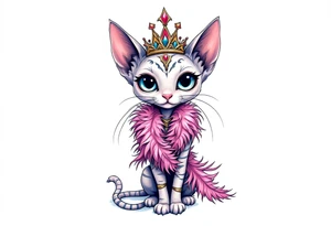 Chibi new school Glamorous sphinx cat holding 
pink feather boa and wearing a crown tattoo idea