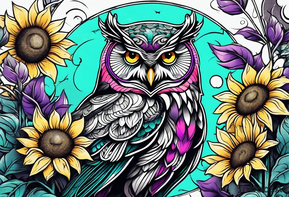 Black and white owl shaded teal, pink and purple surrounded by yellow sunflowers sleeve tattoo idea
