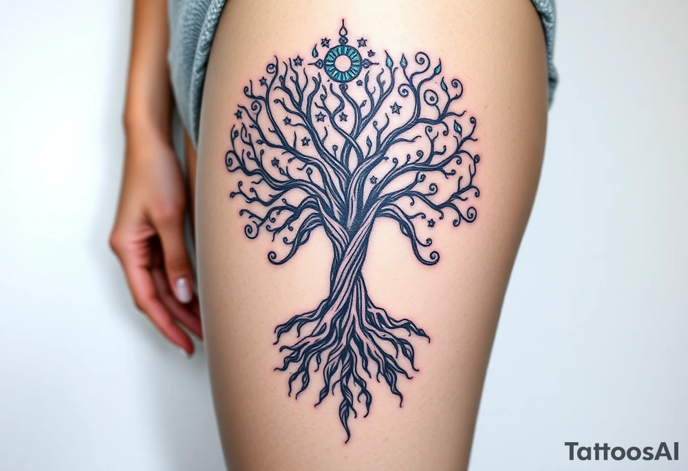 mystical tree of life with cosmic roots and celestial branches tattoo idea