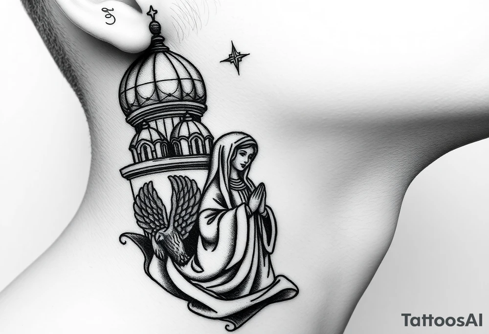Flowing Scene

A single onion dome rising up toward the ear
Virgin Mary in prayer pose wrapping around the lower neck curve
A small eagle or just the star tucked above the dome near the hairline tattoo idea