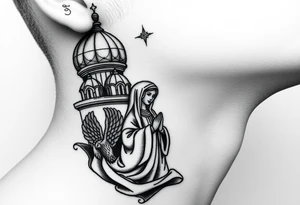 Flowing Scene

A single onion dome rising up toward the ear
Virgin Mary in prayer pose wrapping around the lower neck curve
A small eagle or just the star tucked above the dome near the hairline tattoo idea