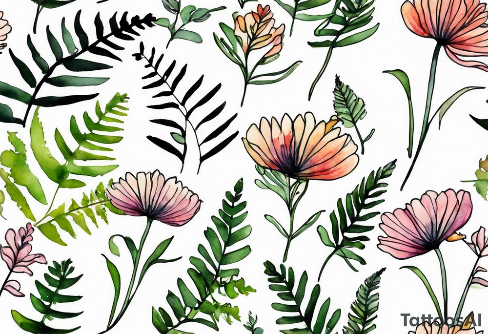 wild flowers long stems bouquet with ferns all watercolor tattoo idea