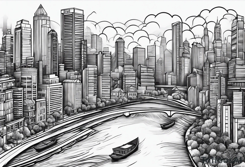 city line art with simple waves tattoo idea
