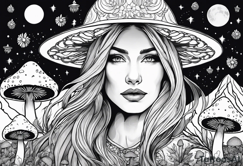 Blonde long straight hair older woman surrounded by mushrooms facing mountains crescent moon background tattoo idea