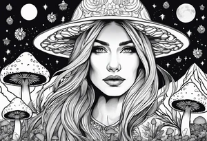 Blonde long straight hair older woman surrounded by mushrooms facing mountains crescent moon background tattoo idea